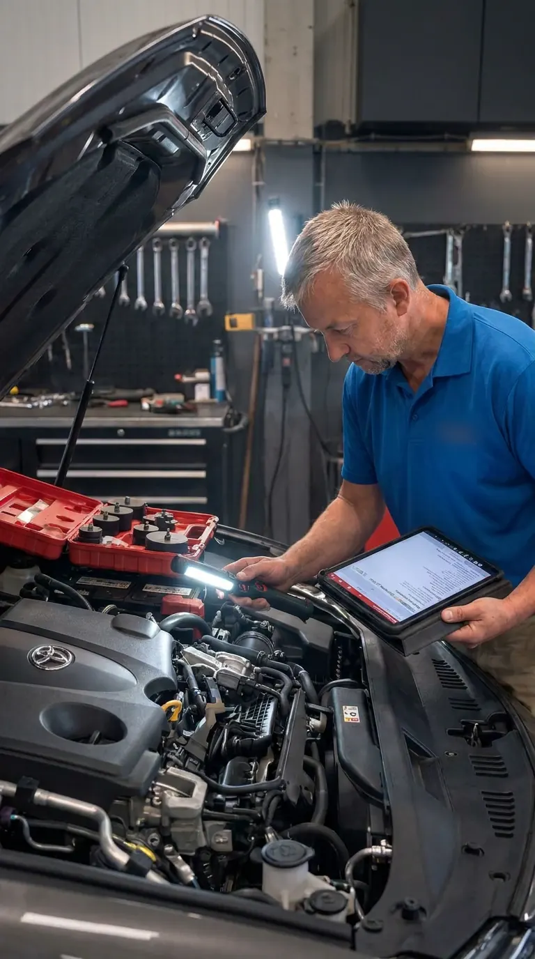 Peedo revisando el motor de un Toyota con la tableta de diagnosis y una lámpara