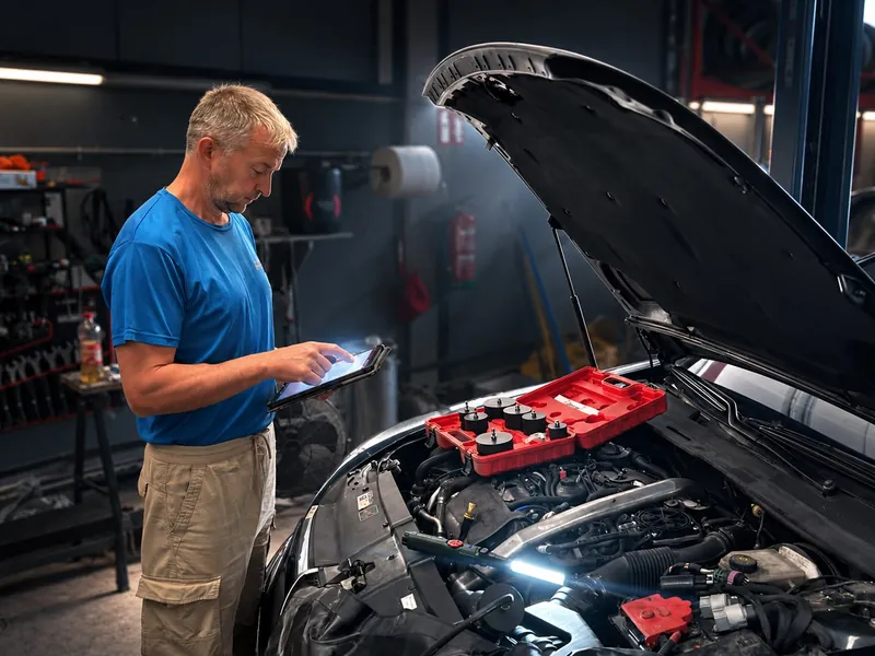 Peedo revisando el motor de un coche con la tableta de diagnosis antes de una compra